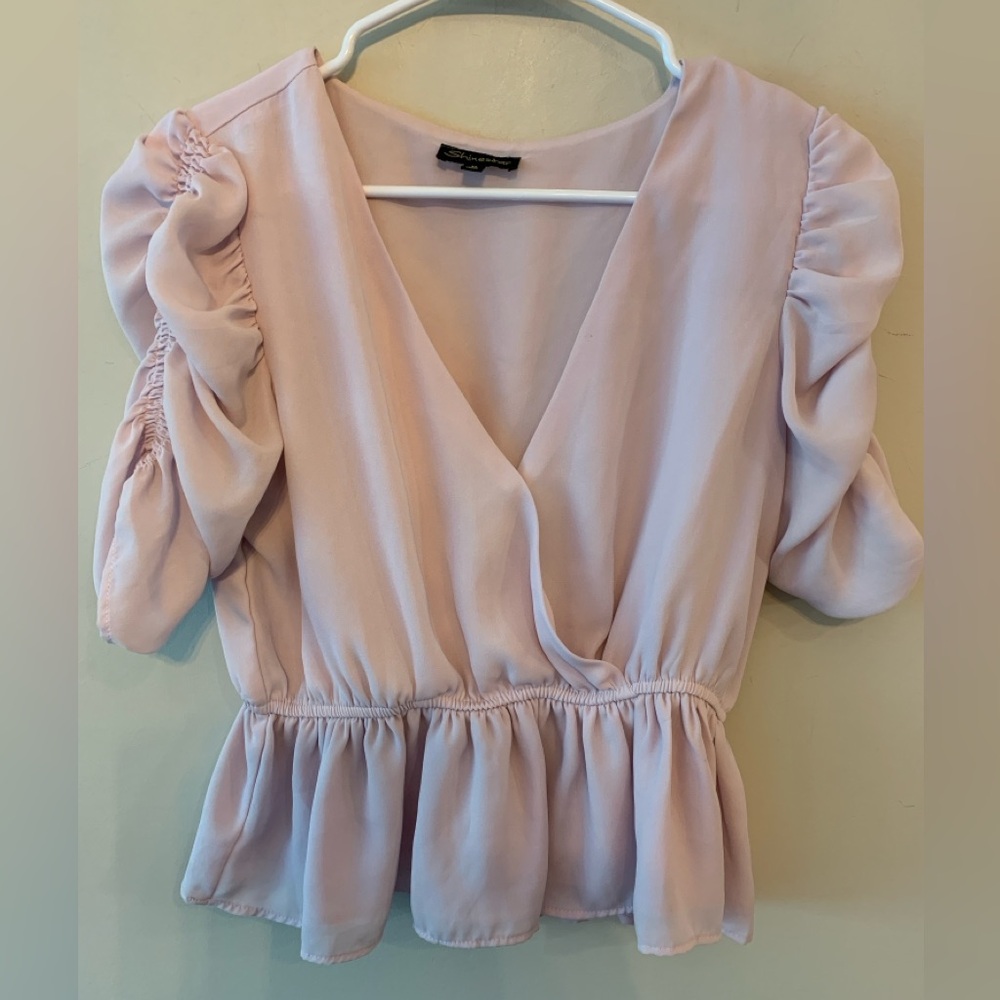 Shinestar Blush Pink Ruched Sleeve Blouse